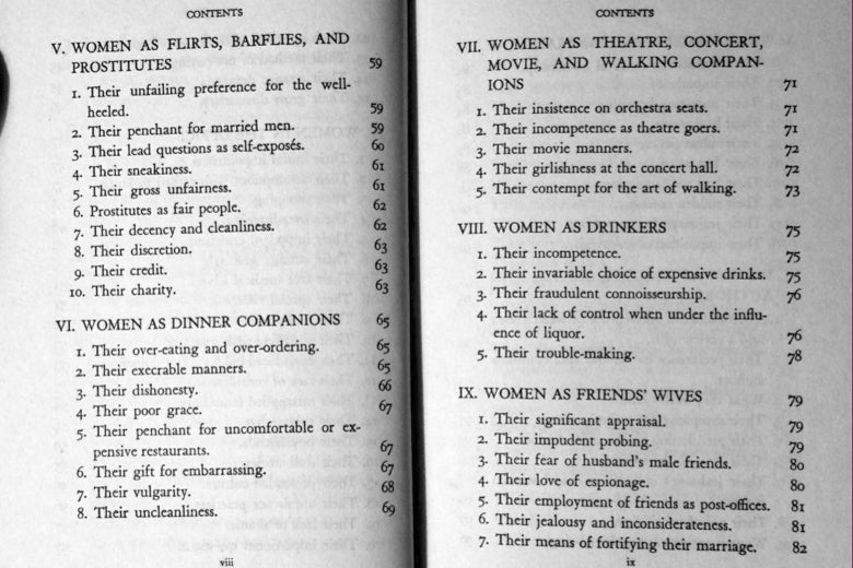 Table of contents for such chapters as "Women as Flirts, Barflies, and Prostitutes" and "Women as Dinner Companions."